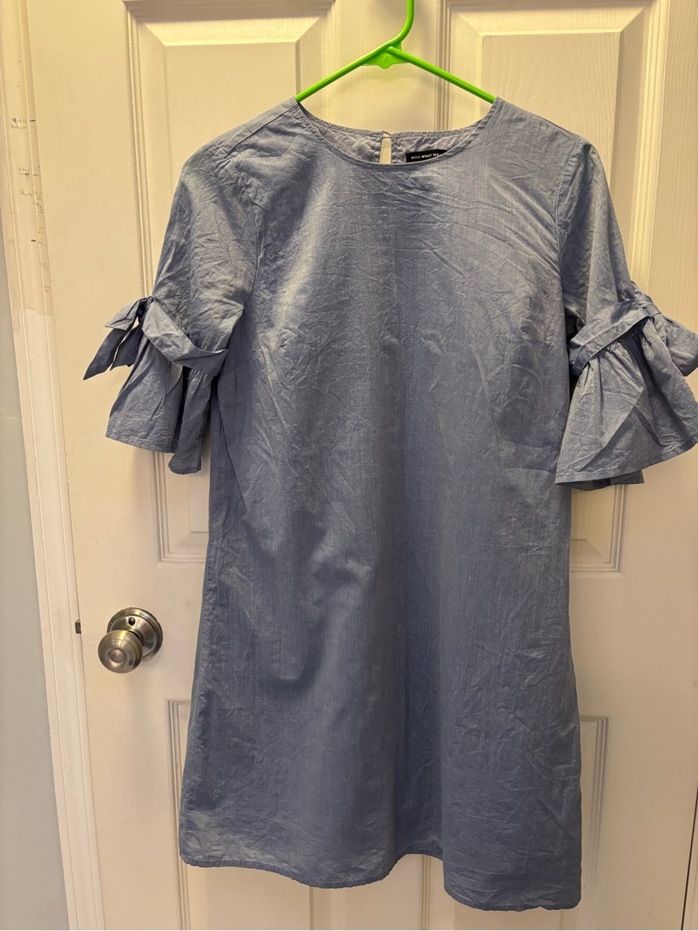 Who What Wear Light Blue chambray Tie-Sleave Shift Dress